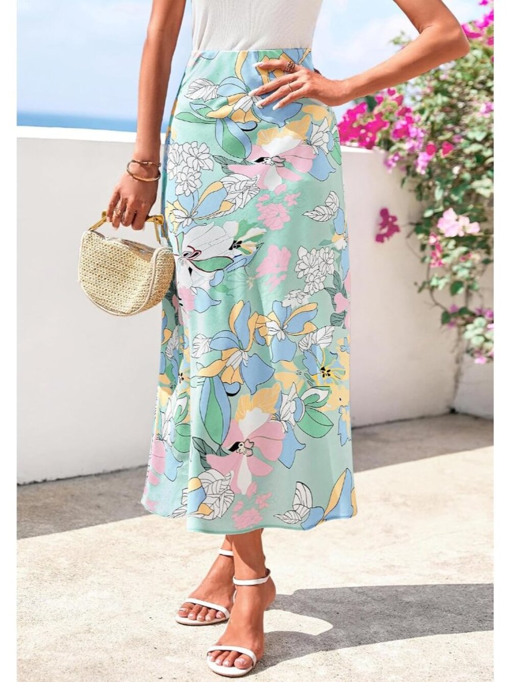 Women Big Floral Blue High Waisted A-Line Silky Flowy Bias Cut Satin Midi Skirt - Picture 5 of 6